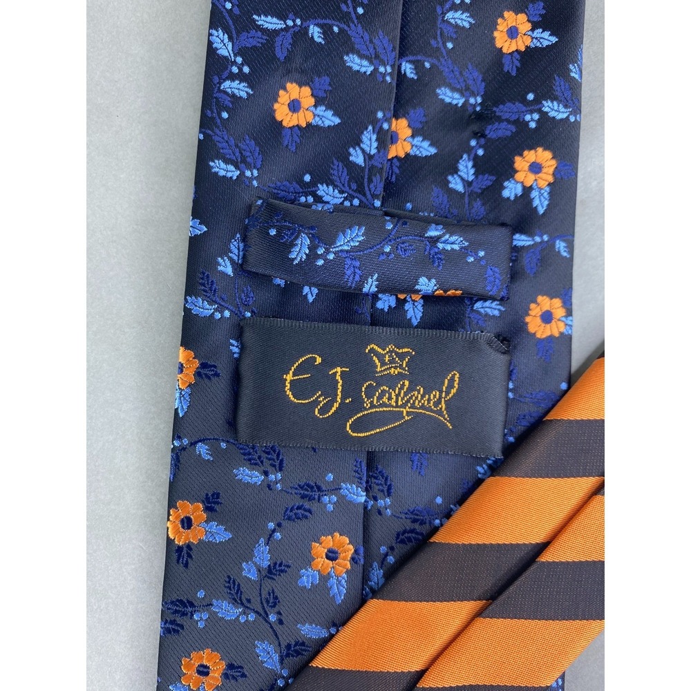 E.J. Samuel Mens Tie Floral Striped Navy Orange Microfiber Formal Long 60x3.5 - Picture 6 of 9